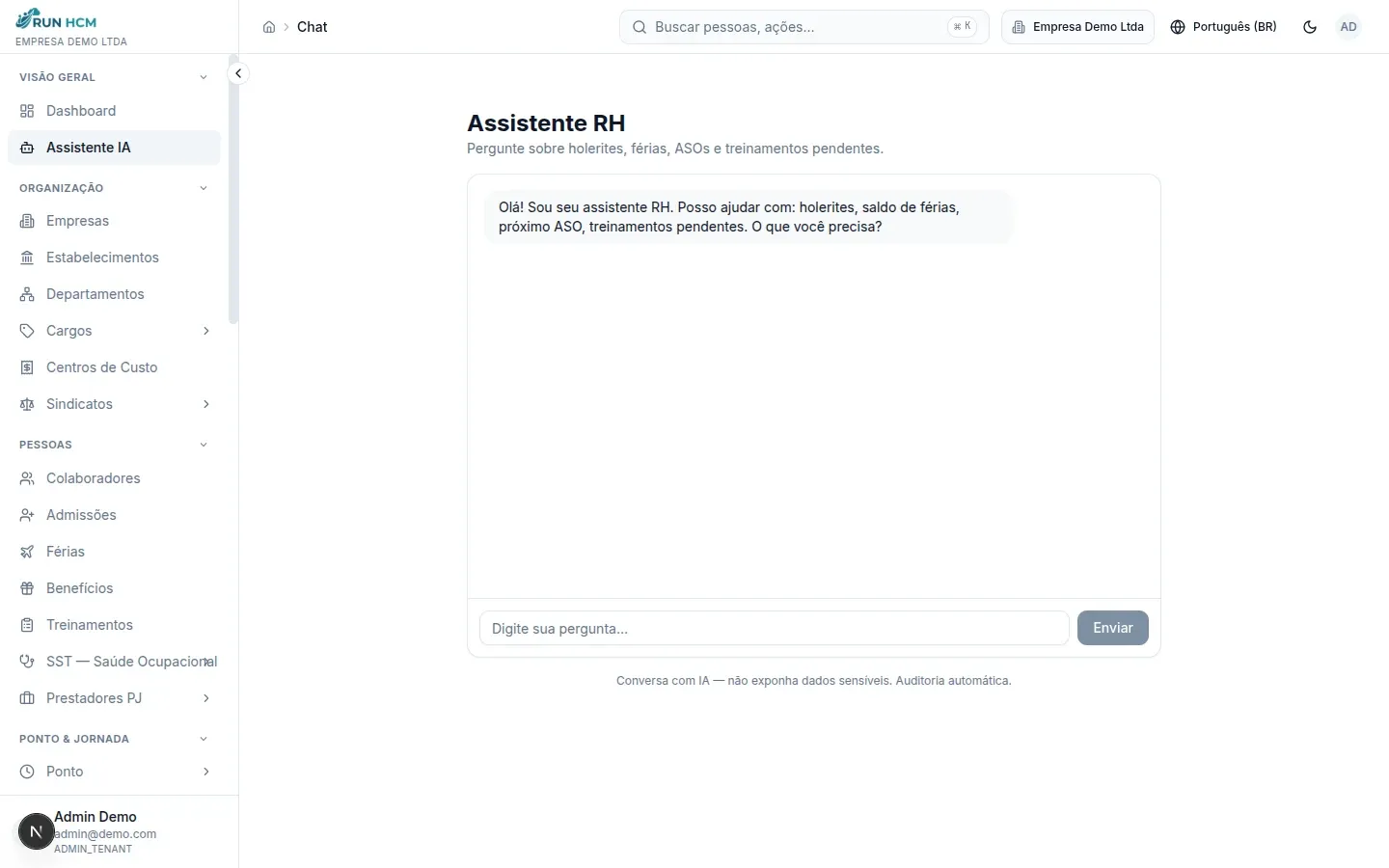 Assistente de RH com IA respondendo sobre holerites, férias, ASOs e treinamentos pendentes, com aviso de auditoria automática