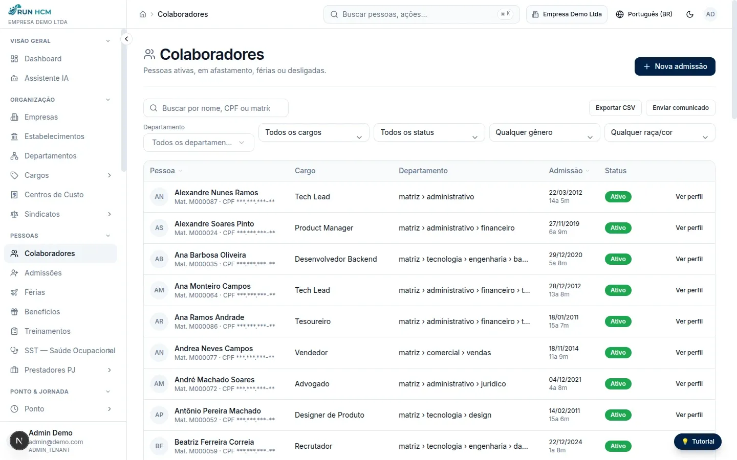 Lista de colaboradores do RunHCM com cargo, departamento, admissão e status, com CPF mascarado
