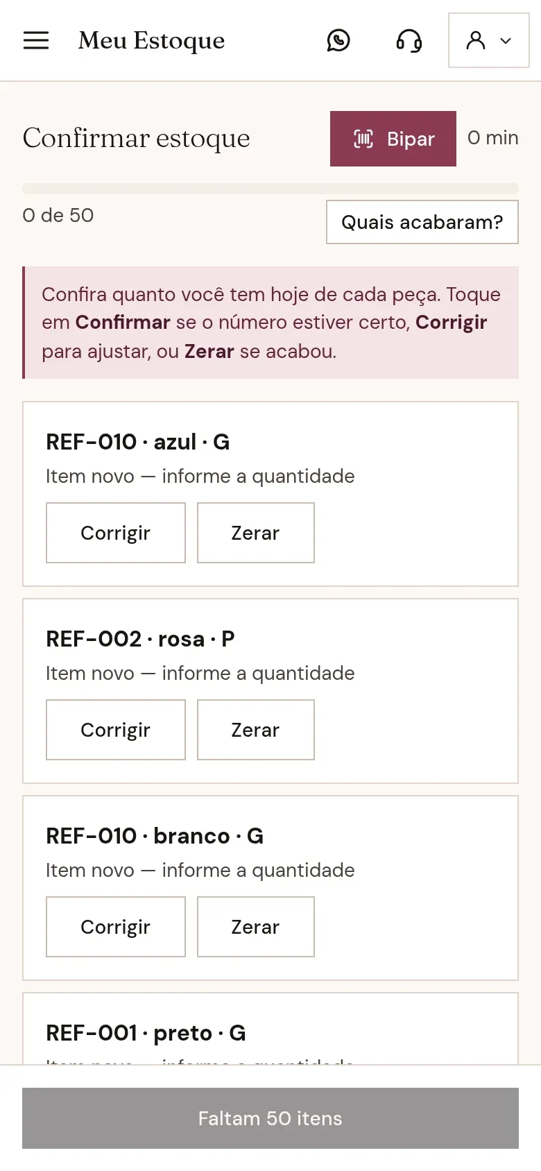 App do lojista no celular, tela de confirmação de estoque com o botão Bipar e a lista de peças para confirmar, corrigir ou zerar